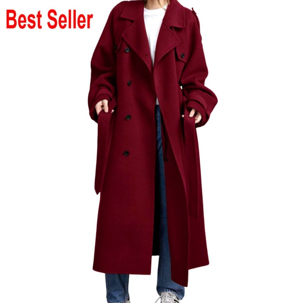 Double Breasted Wool Trench Coat Notch Lapel Midi Length Belted Winter Coat